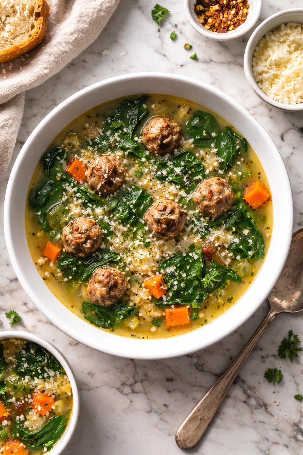 An overheard picture view of a plate of Italian Wedding Soup sitting on a marble countertop table in the kitchen, professional food photography style.