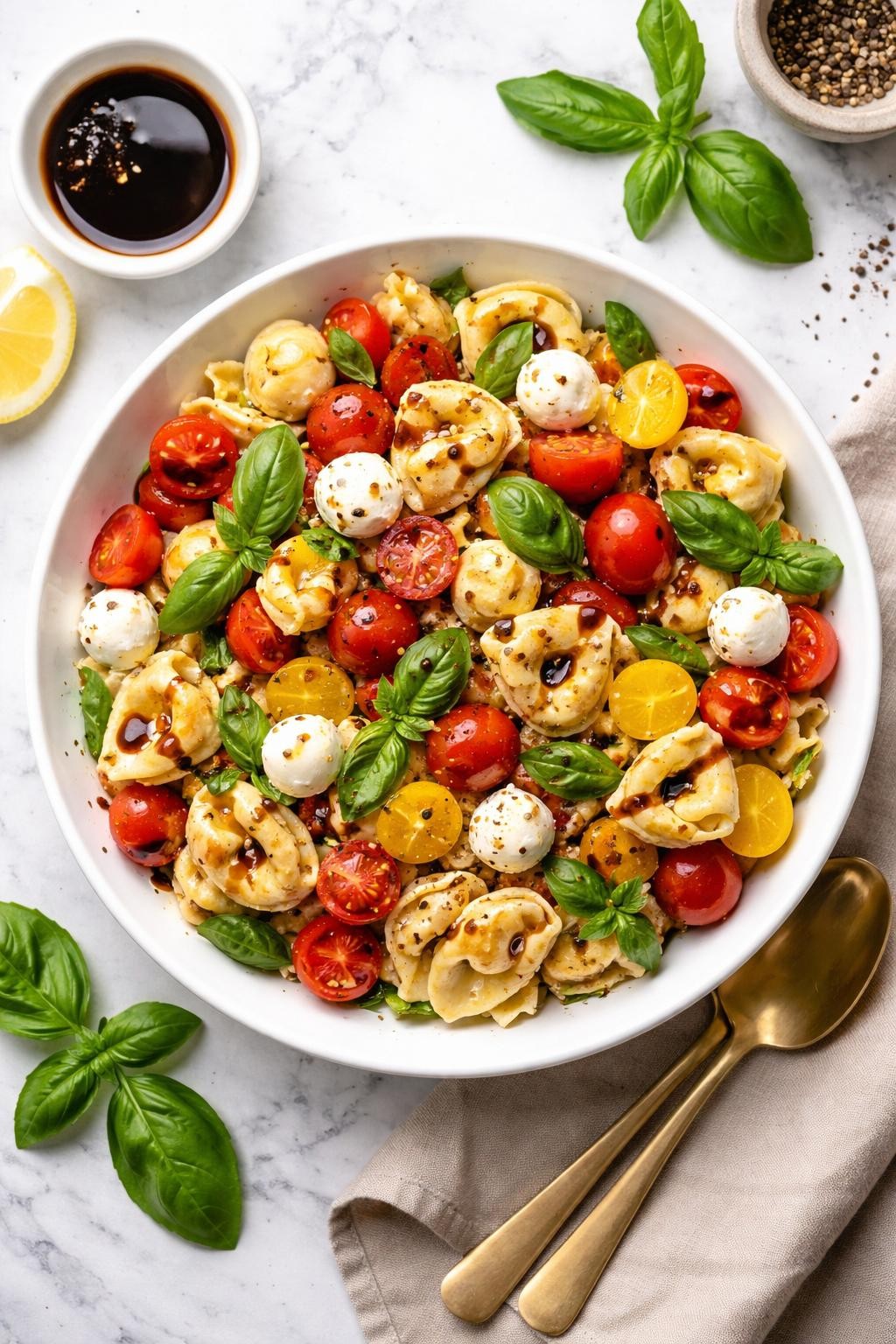 An overheard picture view of a plate of Caprese Tortellini Salad   sitting on a marble countertop table in the kitchen, professional food photography style.
