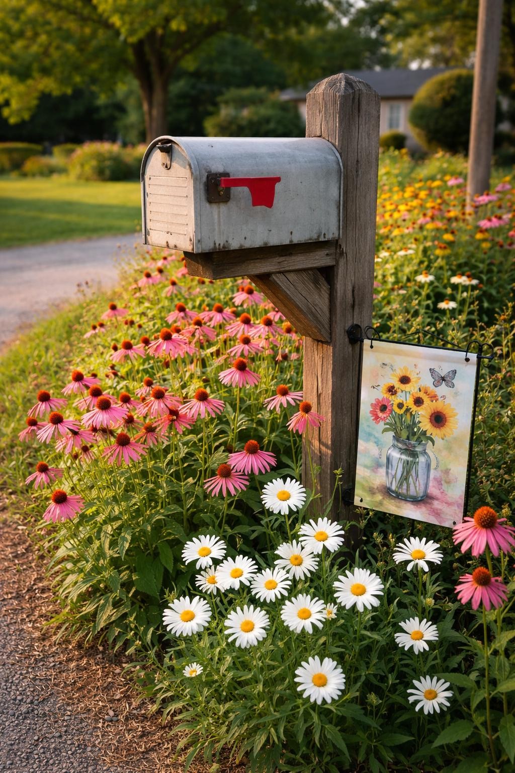 Photo of a rural mailbox surrounded by a colorful mix of coneflowers and daisies, corner angle view from the street, setting in a country-style front yard, late afternoon light, containing a small garden flag near the mailbox, iPhone photo quality.