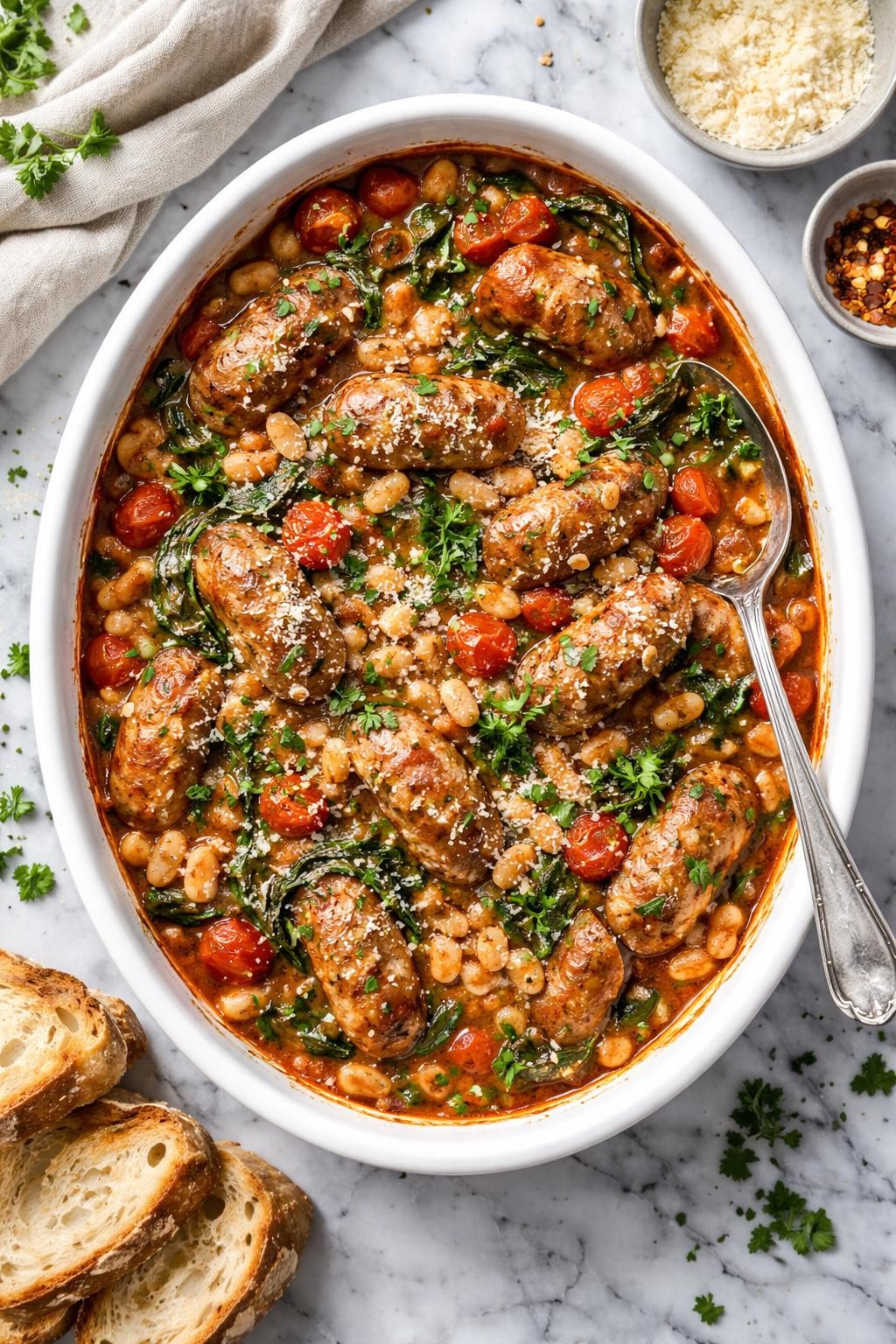An overheard picture view of a plate of   Sausage and White Bean Casserole sitting on a marble countertop table in the kitchen, professional food photography style.
