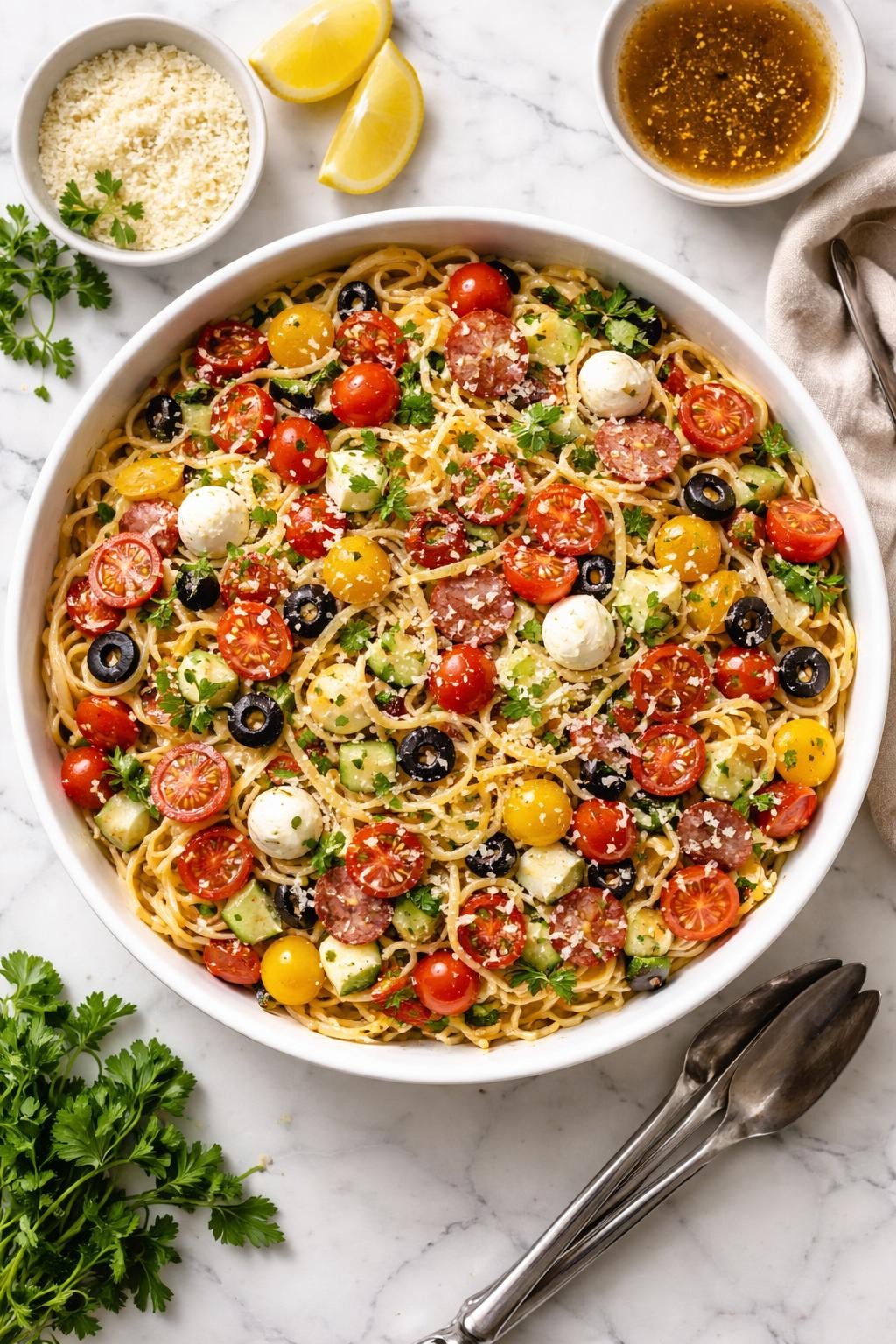An overheard picture view of a plate of Classic Italian Spaghetti Salad sitting on a marble countertop table in the kitchen, professional food photography style.