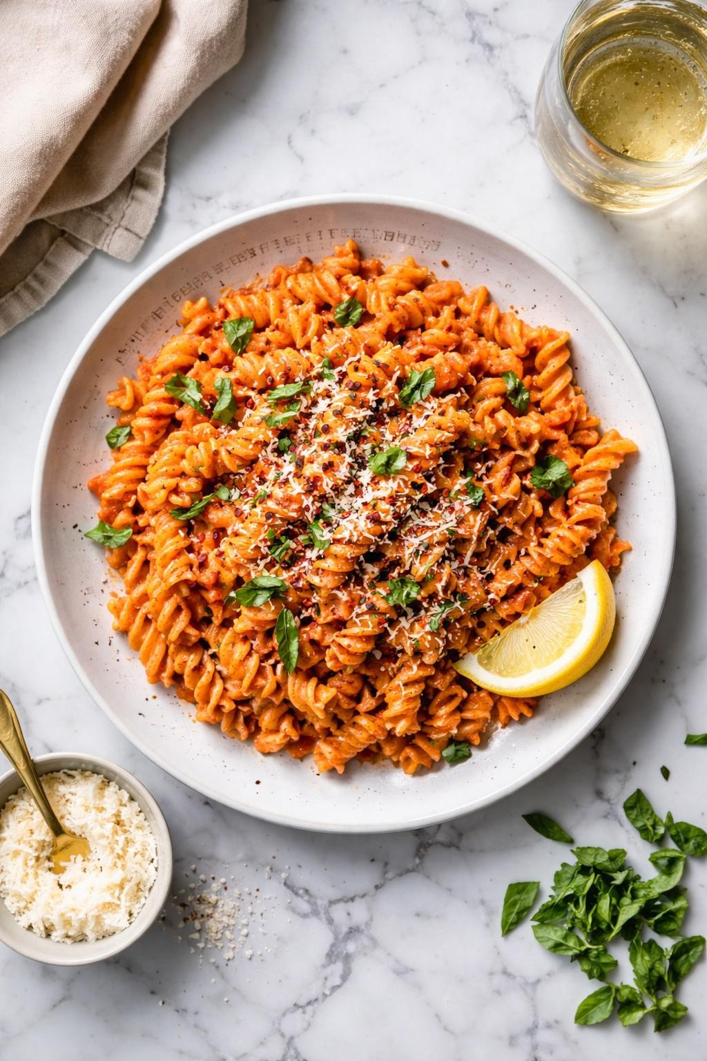 An overheard picture view of a plate of The 1989 LA Times Recreation sitting on a marble countertop table in the kitchen, professional food photography style.