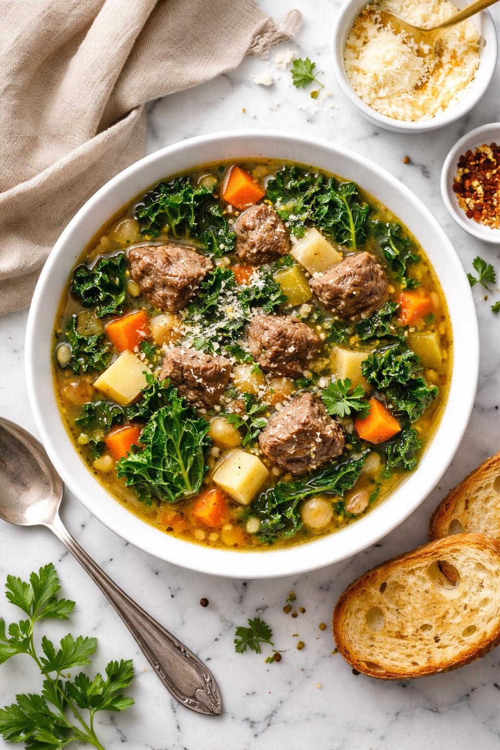 An overheard picture view of a plate of Beef and Kale Soup sitting on a marble countertop table in the kitchen, professional food photography style.