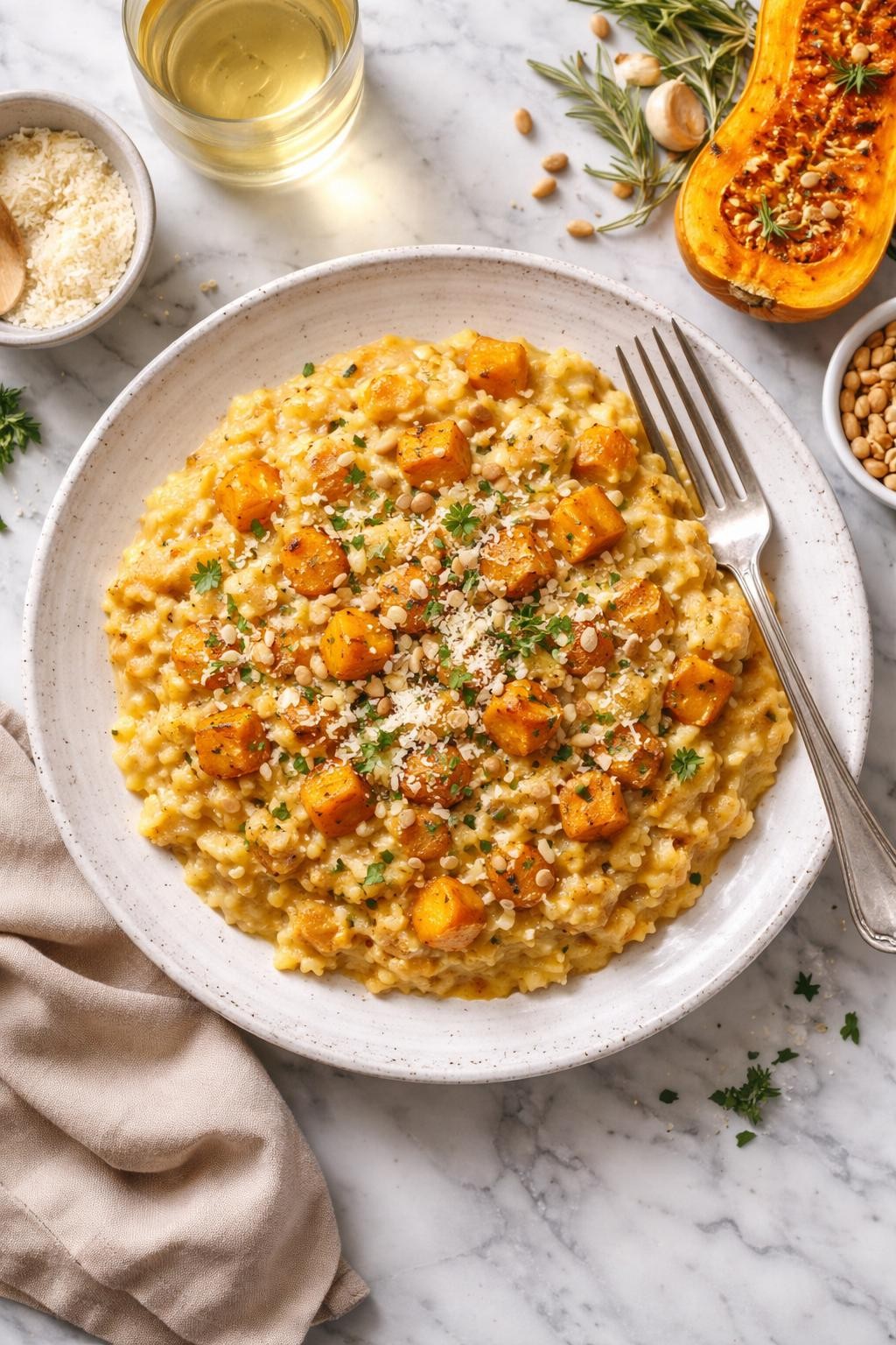 An overheard picture view of a plate of Butternut Squash Risotto sitting on a marble countertop table in the kitchen, professional food photography style.