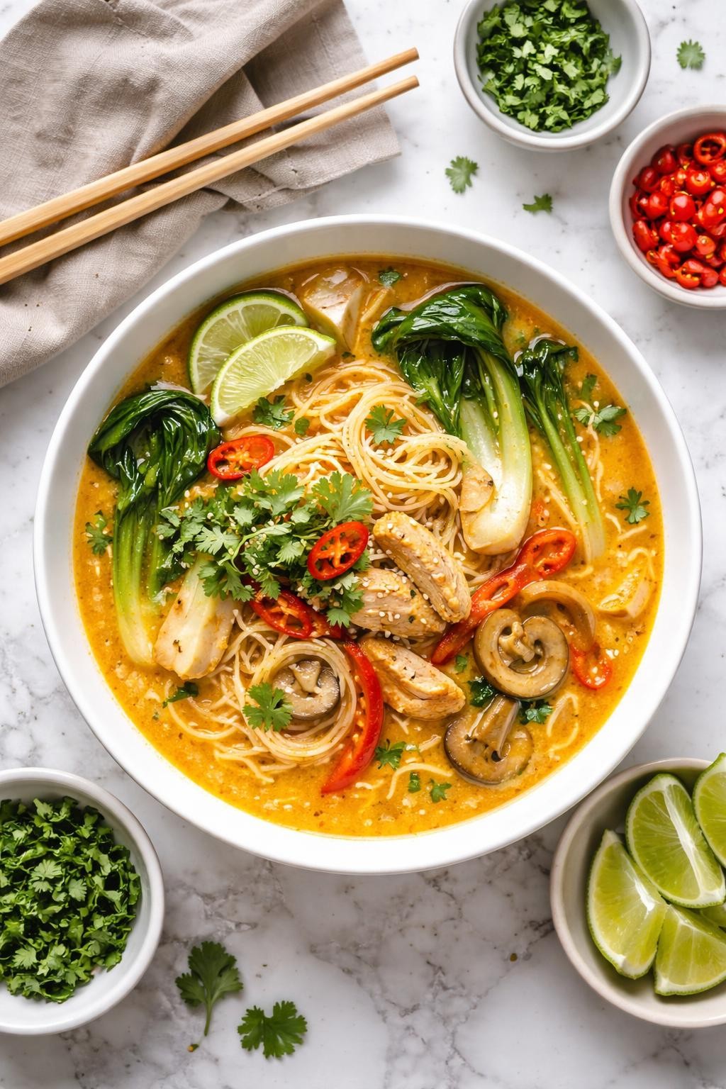 An overheard picture view of a plate of Coconut Curry Noodle Soup sitting on a marble countertop table in the kitchen, professional food photography style.