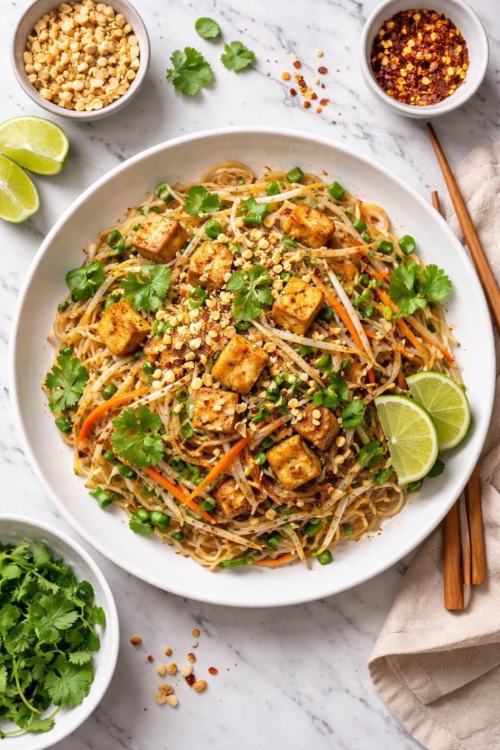 An overheard picture view of a plate of Vegan Pad Thai sitting on a marble countertop table in the kitchen, professional food photography style.