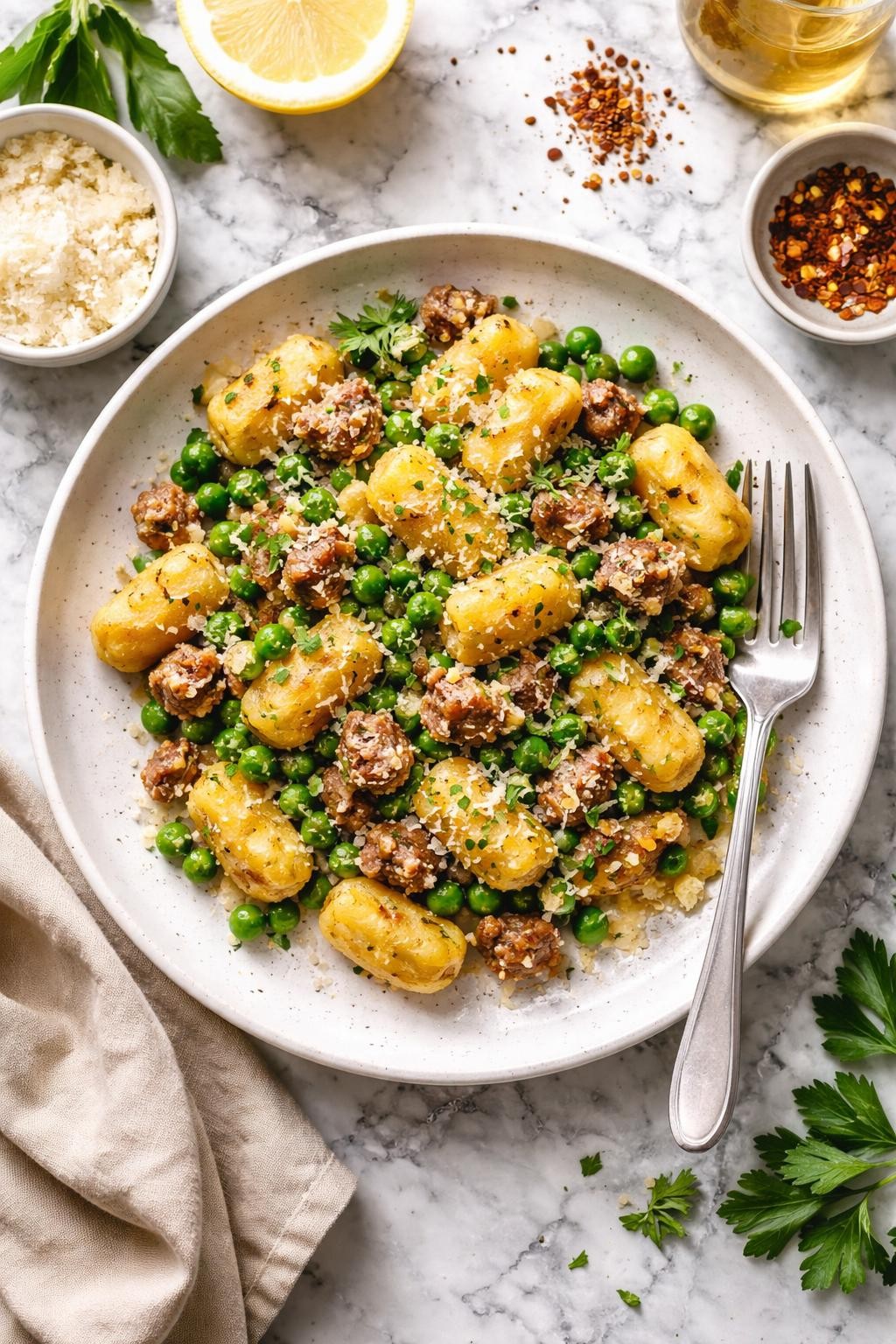 An overheard picture view of a plate of Sausage and Sweet Pea Gnocchi   sitting on a marble countertop table in the kitchen, professional food photography style.
