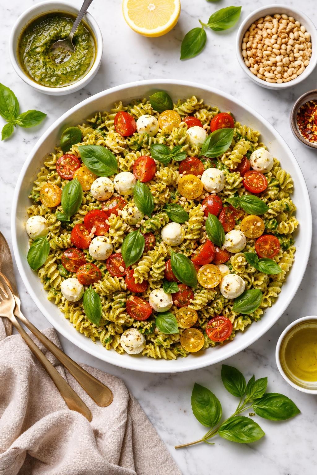 An overheard picture view of a plate of   Pesto Caprese Pasta Salad sitting on a marble countertop table in the kitchen, professional food photography style.
