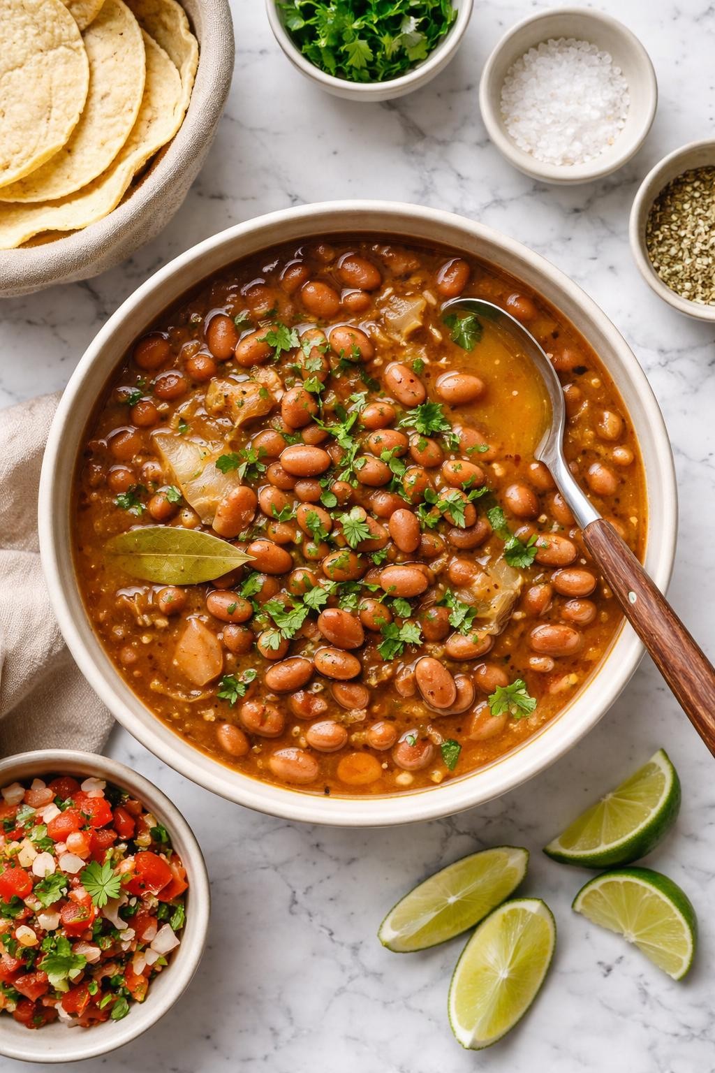 An overheard picture view of a plate of Frijoles de la Olla (Classic Pot Beans) sitting on a marble countertop table in the kitchen, professional food photography style.