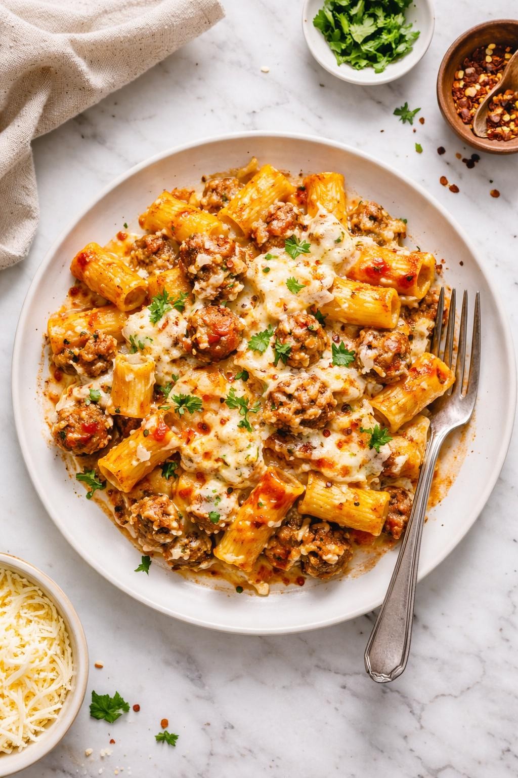 An overheard picture view of a plate of  Sausage and Three Cheese Pasta Bake  sitting on a marble countertop table in the kitchen, professional food photography style.
