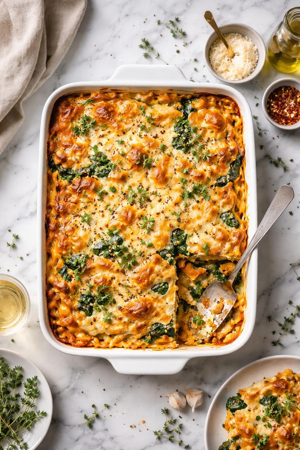 An overheard picture view of a plate of Butternut Squash and Spinach Lasagna sitting on a marble countertop table in the kitchen, professional food photography style.