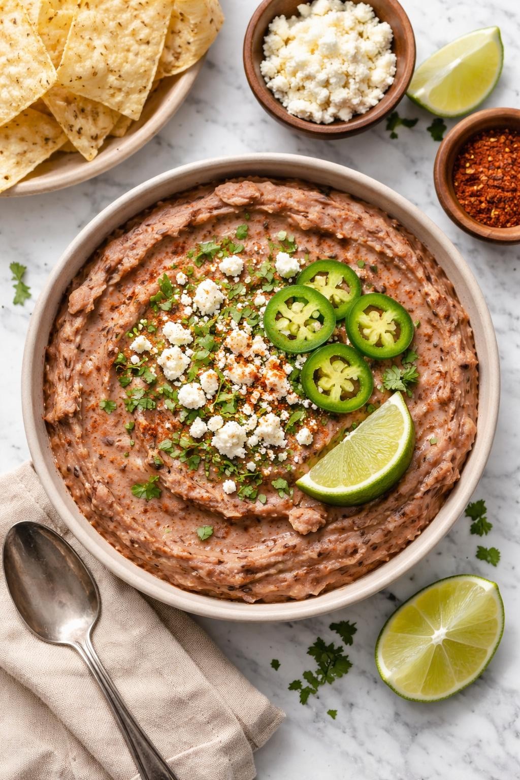 An overheard picture view of a plate of Classic Refried Beans sitting on a marble countertop table in the kitchen, professional food photography style.