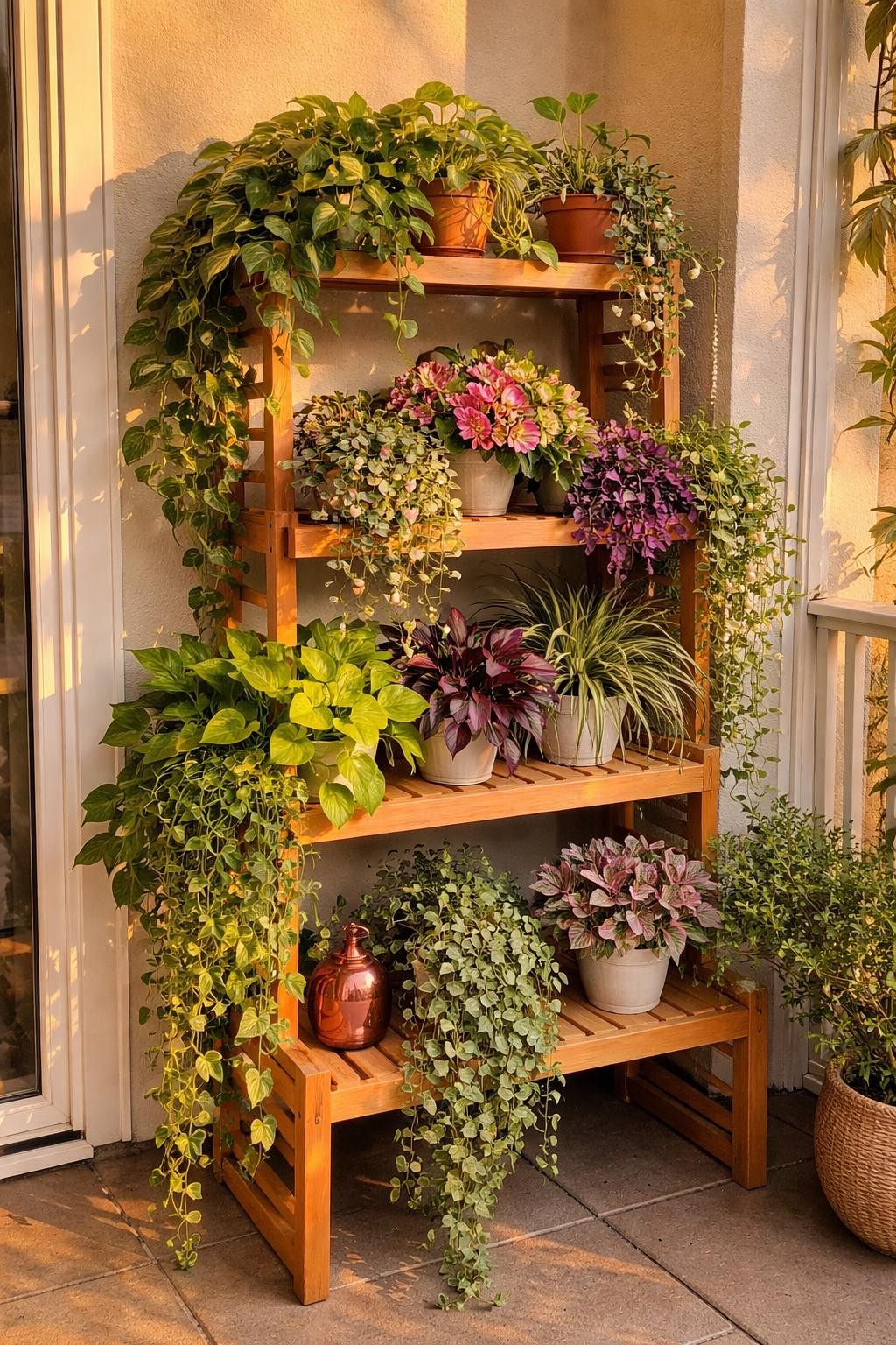 Photo of a tiered wooden plant stand filled with trailing and bushy plants, corner angle view, setting in a bright patio corner, golden hour, containing a small copper mister on a lower shelf, iPhone photo quality.