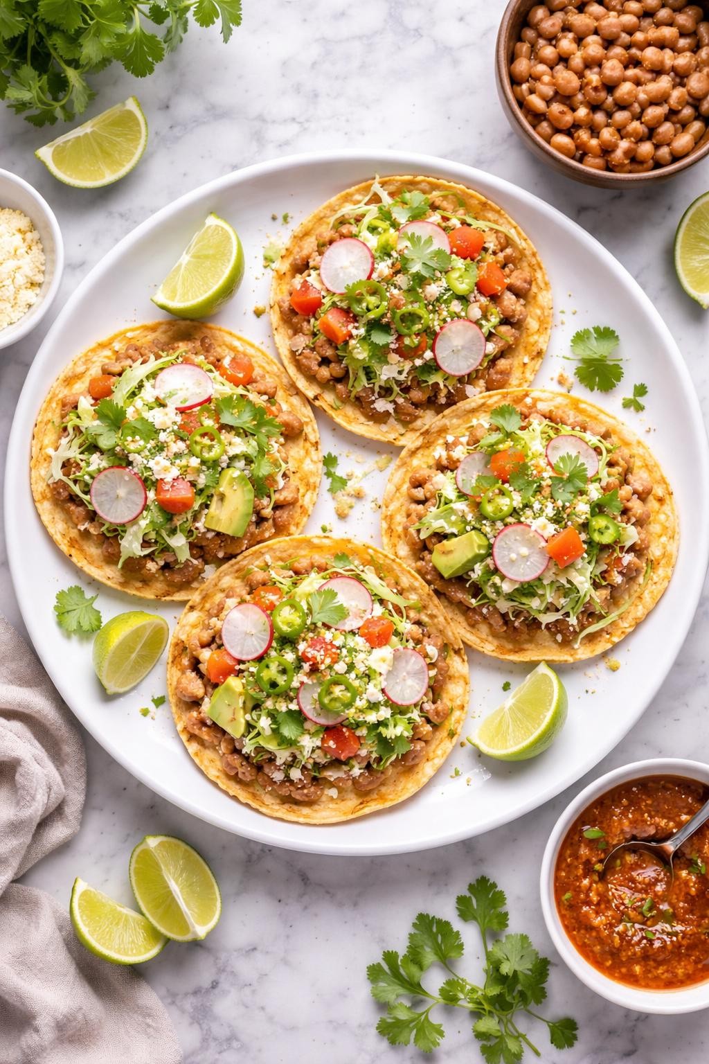 An overheard picture view of a plate of Pinto Bean Tostadas sitting on a marble countertop table in the kitchen, professional food photography style.