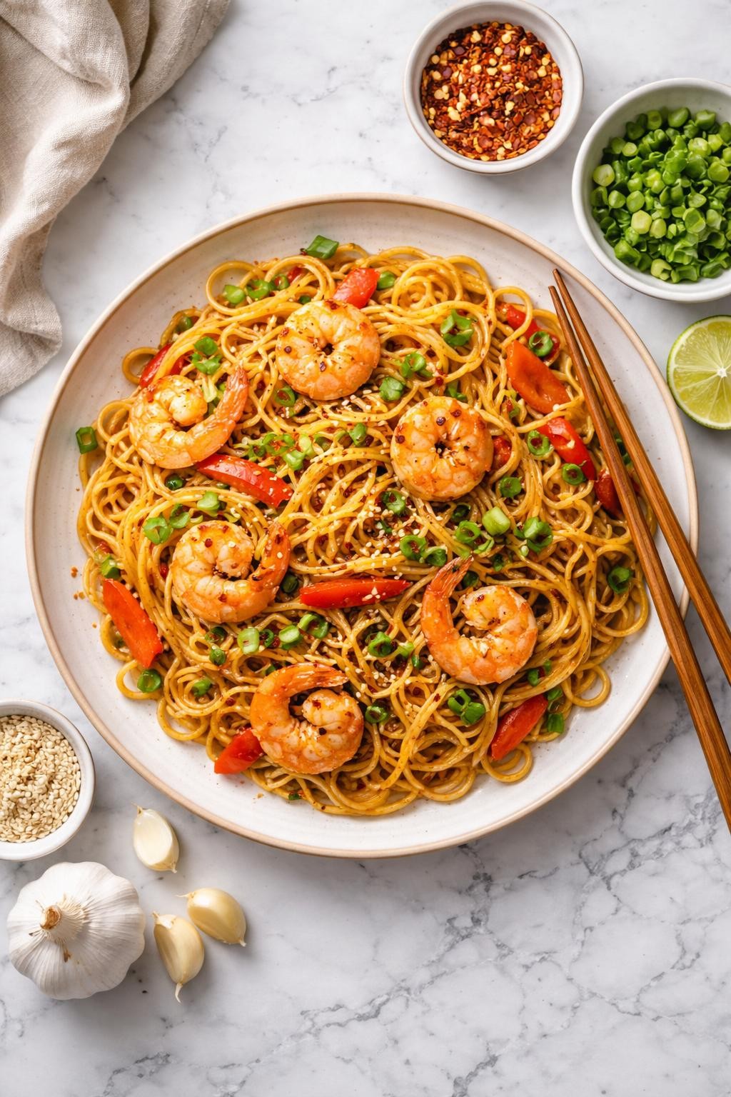 An overheard picture view of a plate of Quick Garlic Noodle Stir Fry sitting on a marble countertop table in the kitchen, professional food photography style.