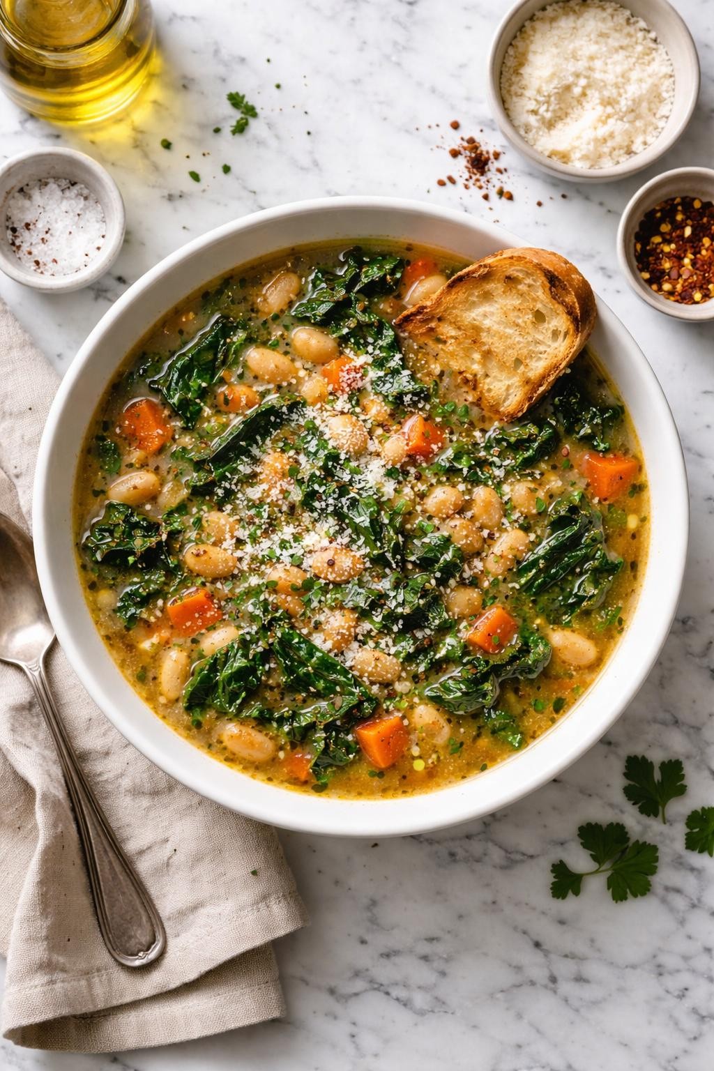 An overheard picture view of a plate of  Hearty Cannellini and Kale Soup  sitting on a marble countertop table in the kitchen, professional food photography style.
