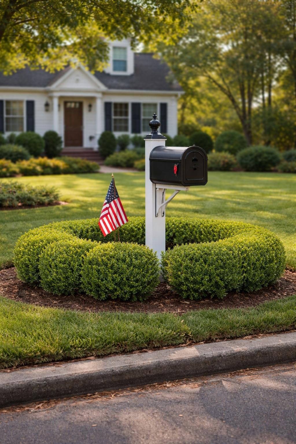 Photo of a mailbox framed by a low semicircle of trimmed boxwood shrubs, wide view from street, setting in a traditional front yard, morning light, containing a small American flag near the mailbox, iPhone photo quality.