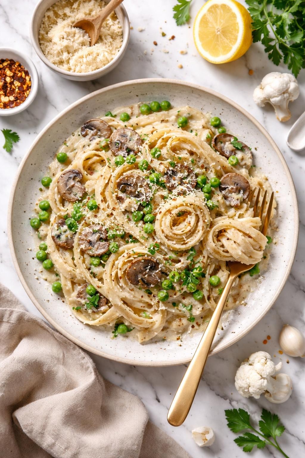 An overheard picture view of a plate of Vegan Cauliflower Alfredo   sitting on a marble countertop table in the kitchen, professional food photography style.
