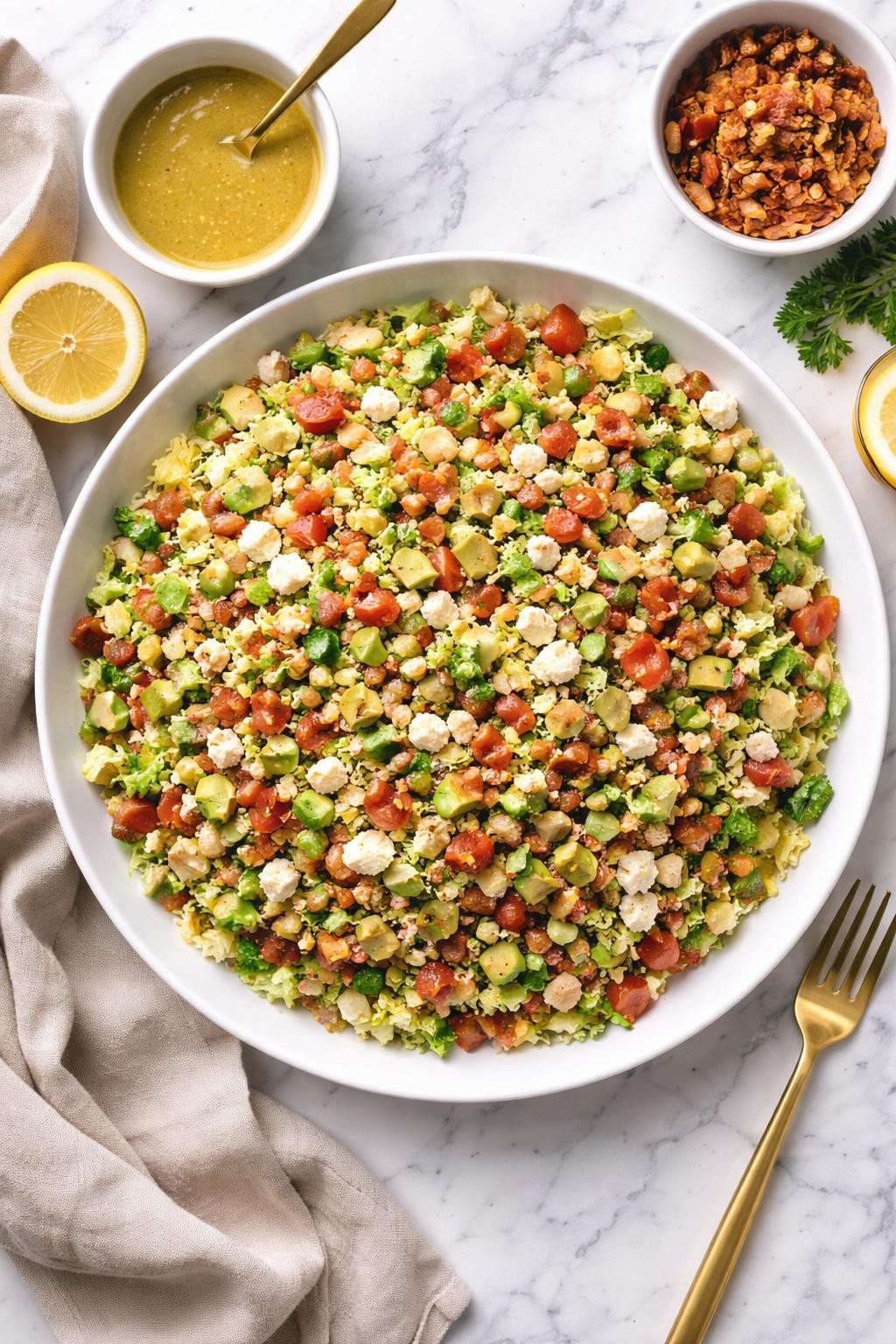 An overheard picture view of a plate of The Kardashian-Favorite Version sitting on a marble countertop table in the kitchen, professional food photography style.