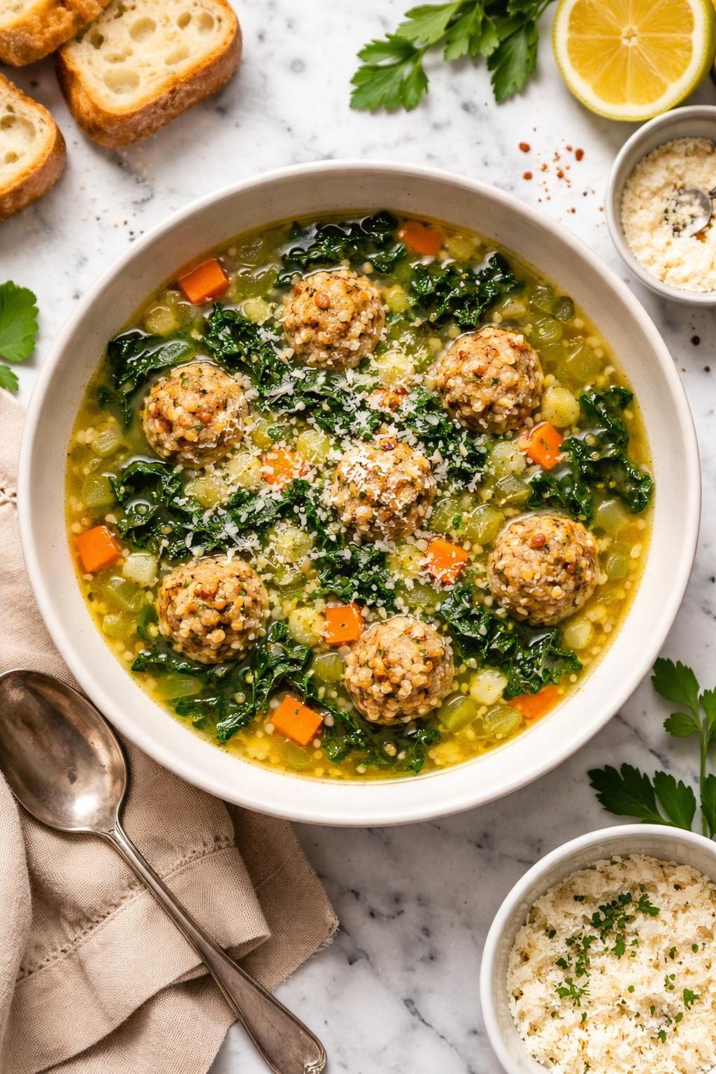 An overheard picture view of a plate of  Vegetarian Italian Wedding Soup  sitting on a marble countertop table in the kitchen, professional food photography style.
