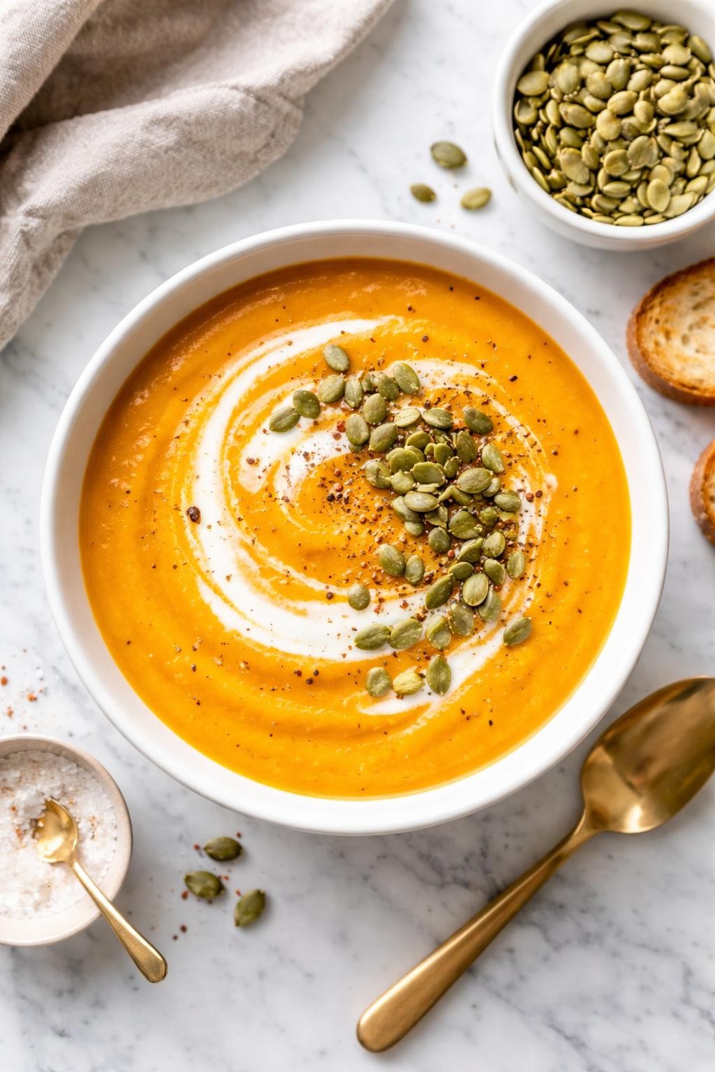 An overheard picture view of a plate of 3-Ingredient Pumpkin Soup sitting on a marble countertop table in the kitchen, professional food photography style.