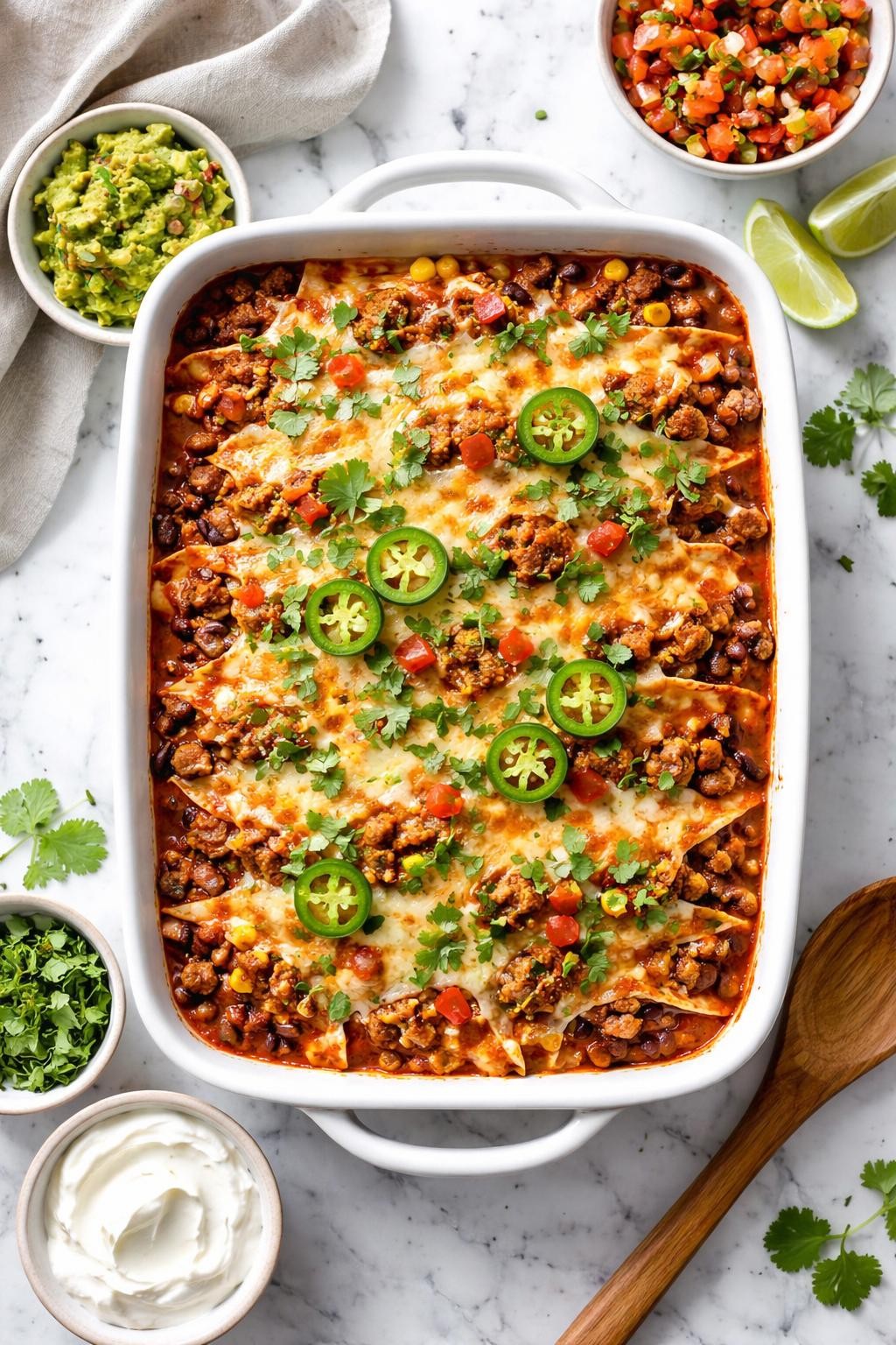 An overheard picture view of a plate of Classic Mexican Enchilada Casserole   sitting on a marble countertop table in the kitchen, professional food photography style.
