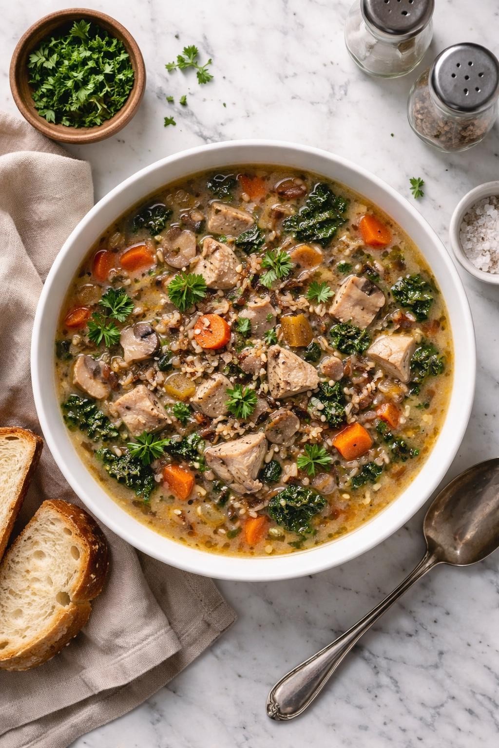 An overheard picture view of a plate of  Hearty Turkey and Wild Rice Soup  sitting on a marble countertop table in the kitchen, professional food photography style.
