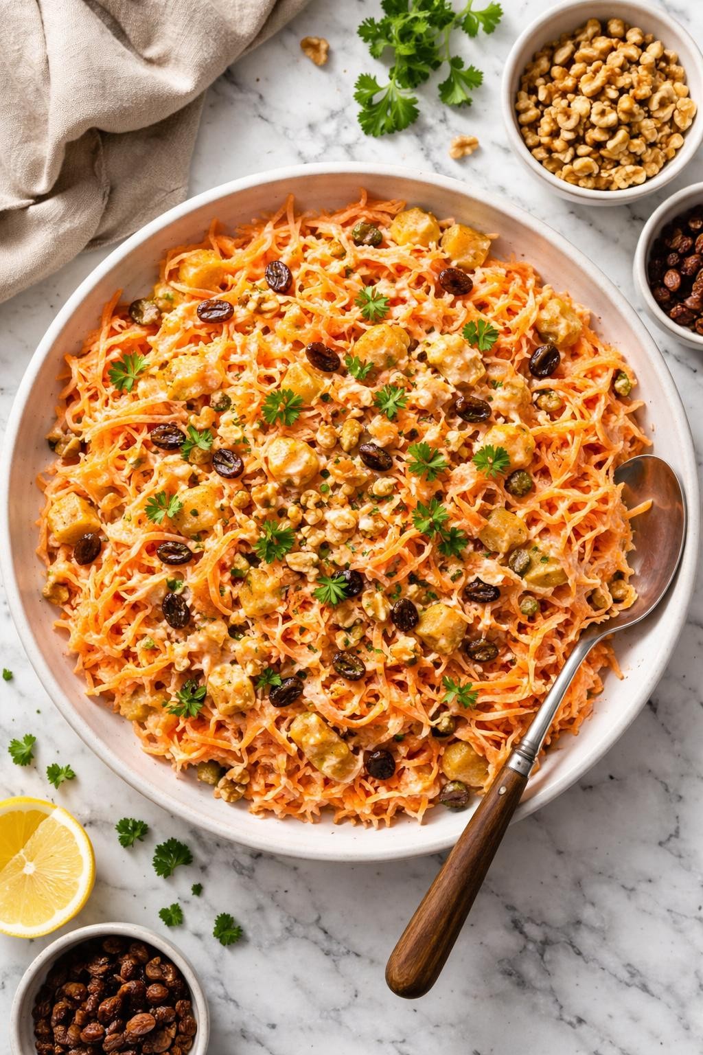 An overheard picture view of a plate of Old-Fashioned Carrot Pineapple Salad   sitting on a marble countertop table in the kitchen, professional food photography style.
