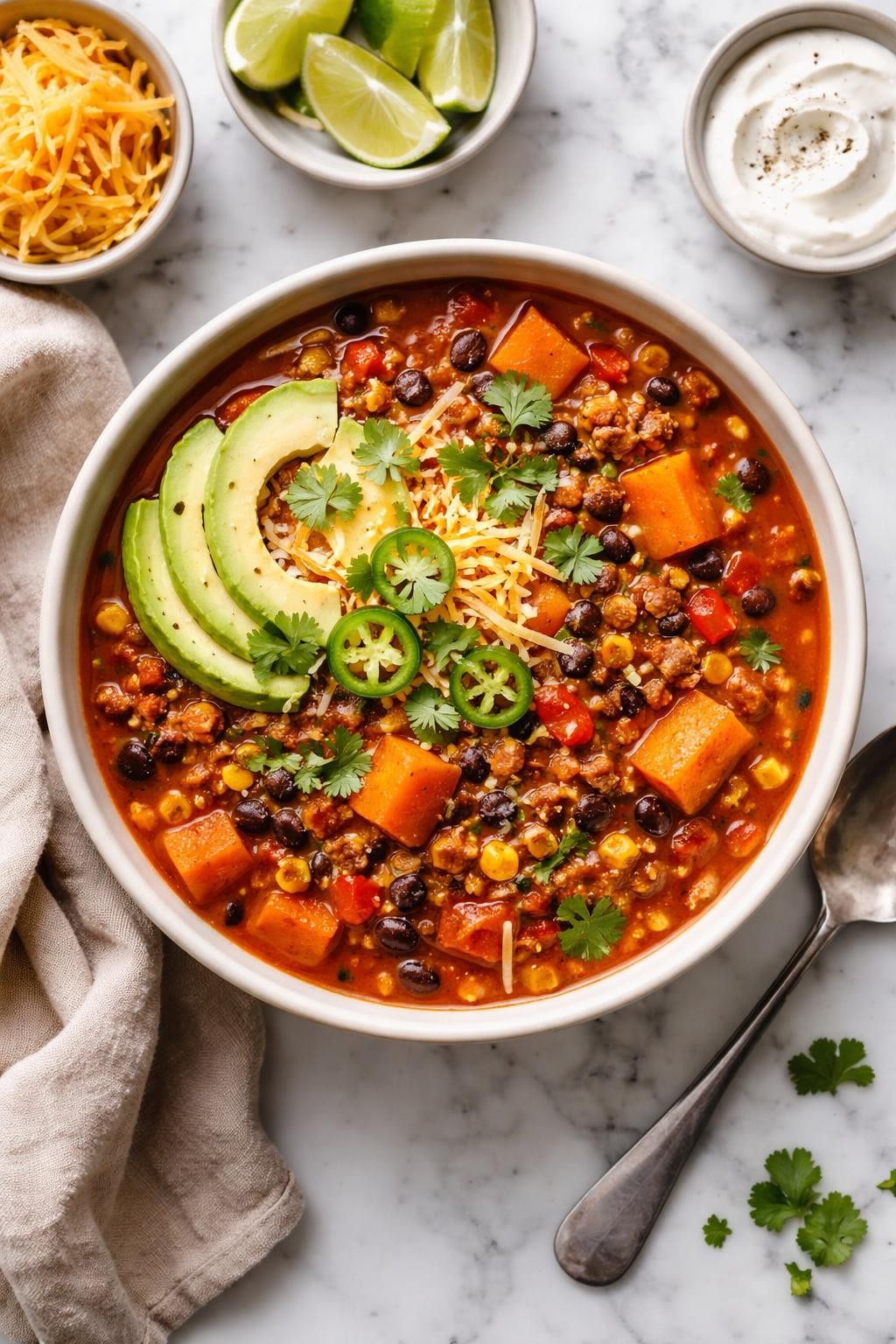 An overheard picture view of a plate of Butternut Squash Chili sitting on a marble countertop table in the kitchen, professional food photography style.