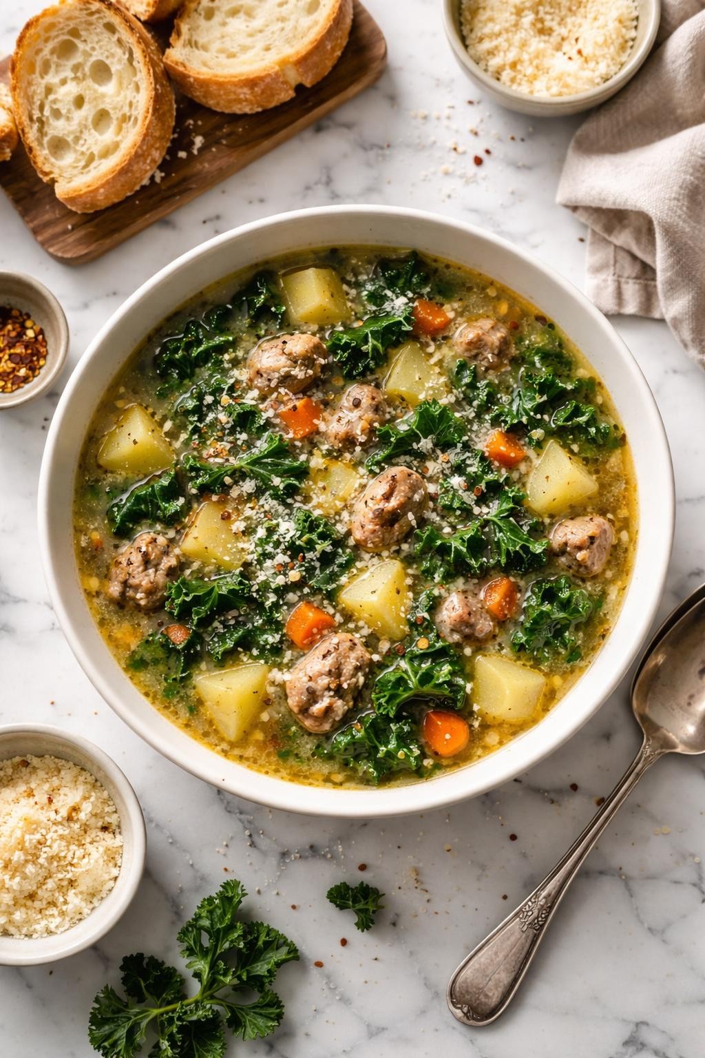 An overheard picture view of a plate of   Italian Sausage and Kale Soup with Potatoes sitting on a marble countertop table in the kitchen, professional food photography style.
