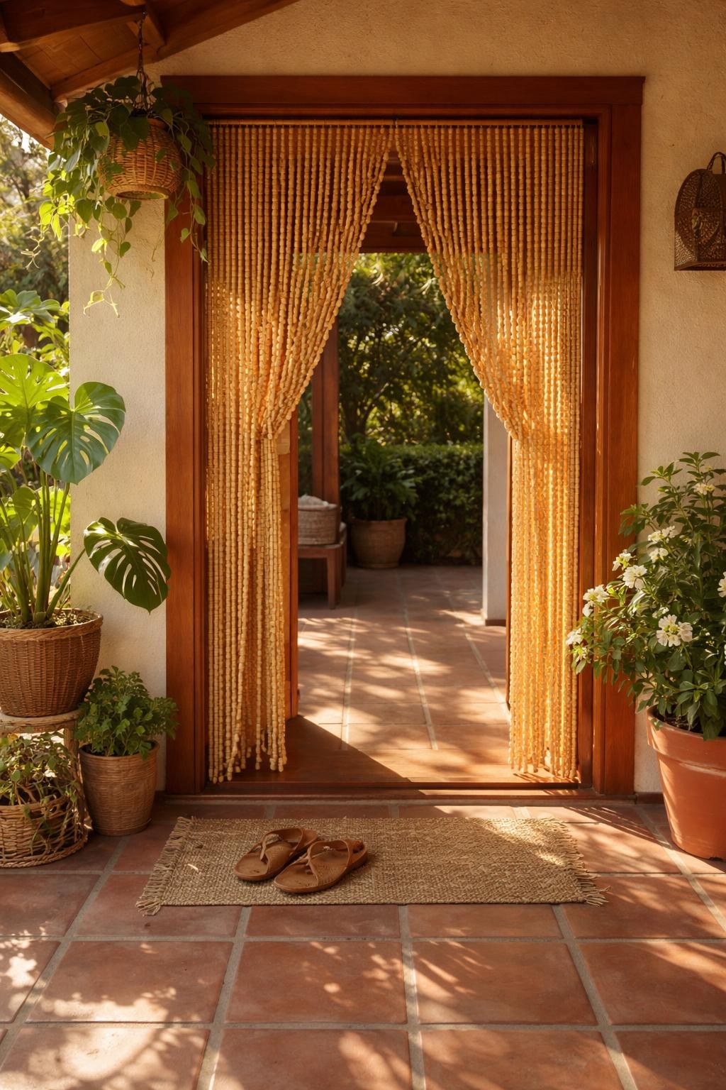 Photo of a patio corner entrance with a natural wood beaded curtain, straight-on view, setting on a covered patio with afternoon sun streaming through, late afternoon light, containing a pair of sandals left just outside the curtain, iPhone photo quality.