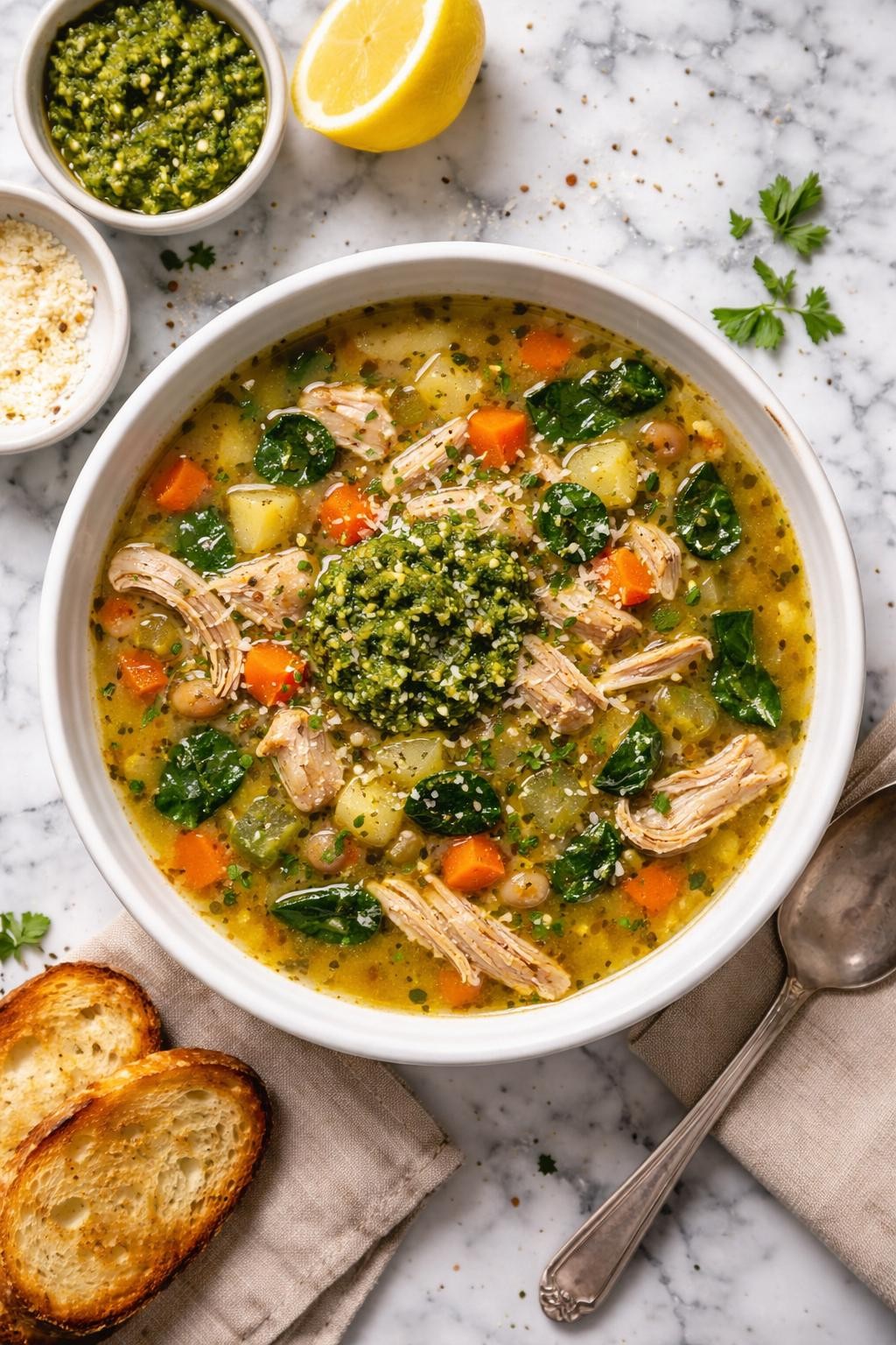 An overheard picture view of a plate of  Turkey and Vegetable Soup with Pesto  sitting on a marble countertop table in the kitchen, professional food photography style.
