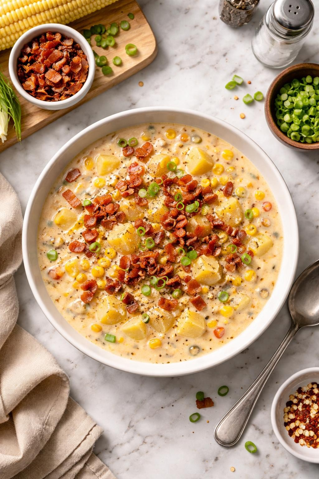 An overheard picture view of a plate of Slow Cooker Corn Chowder sitting on a marble countertop table in the kitchen, professional food photography style.