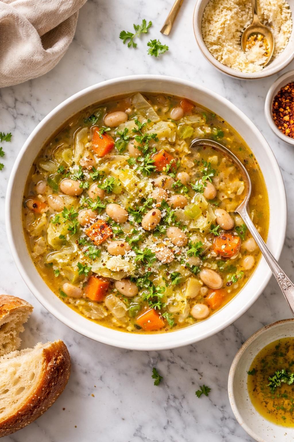 An overheard picture view of a plate of  Cabbage and White Bean Soup  sitting on a marble countertop table in the kitchen, professional food photography style.

