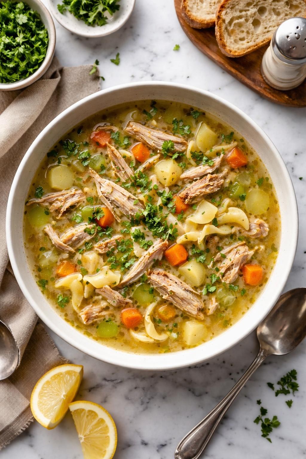 An overheard picture view of a plate of Day-After Turkey Carcass Soup   sitting on a marble countertop table in the kitchen, professional food photography style.
