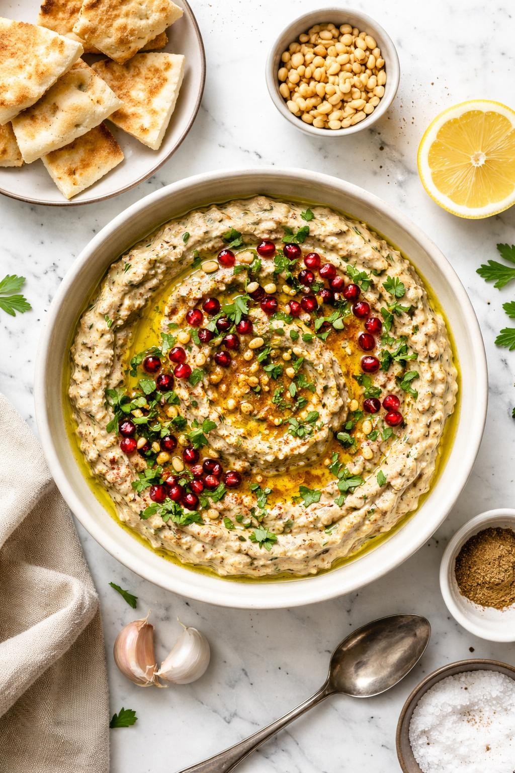 An overheard picture view of a plate of Classic Baba Ganoush Salad sitting on a marble countertop table in the kitchen, professional food photography style.