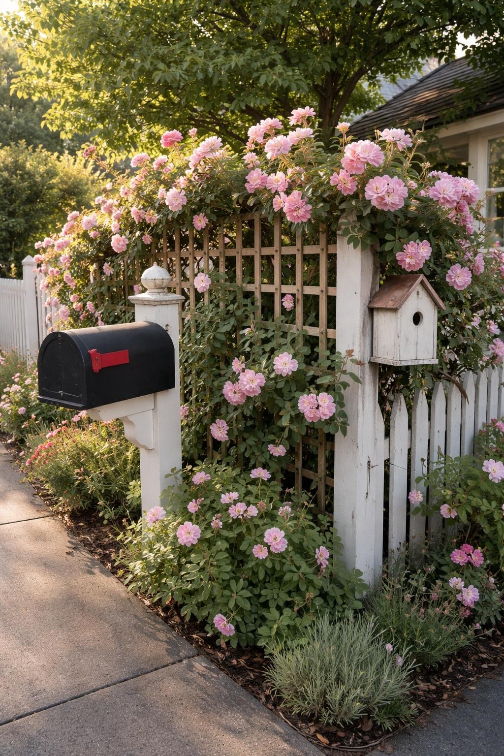 Photo of a mailbox with a wooden trellis behind it covered in pink climbing roses, corner angle view from sidewalk, setting in a cottage-style front yard, morning light, containing a small birdhouse on the fence nearby, iPhone photo quality.