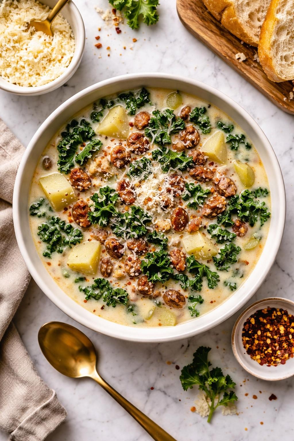 An overheard picture view of a plate of  Dutch Oven Sausage and Kale Soup (Zuppa Toscana)  sitting on a marble countertop table in the kitchen, professional food photography style.
