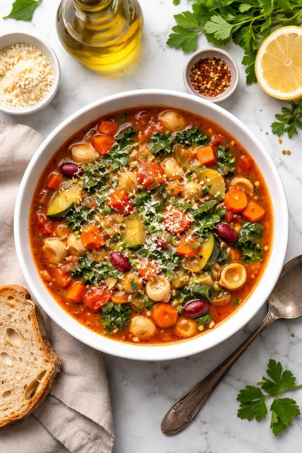 An overheard picture view of a plate of  Vegan Minestrone Soup  sitting on a marble countertop table in the kitchen, professional food photography style.
