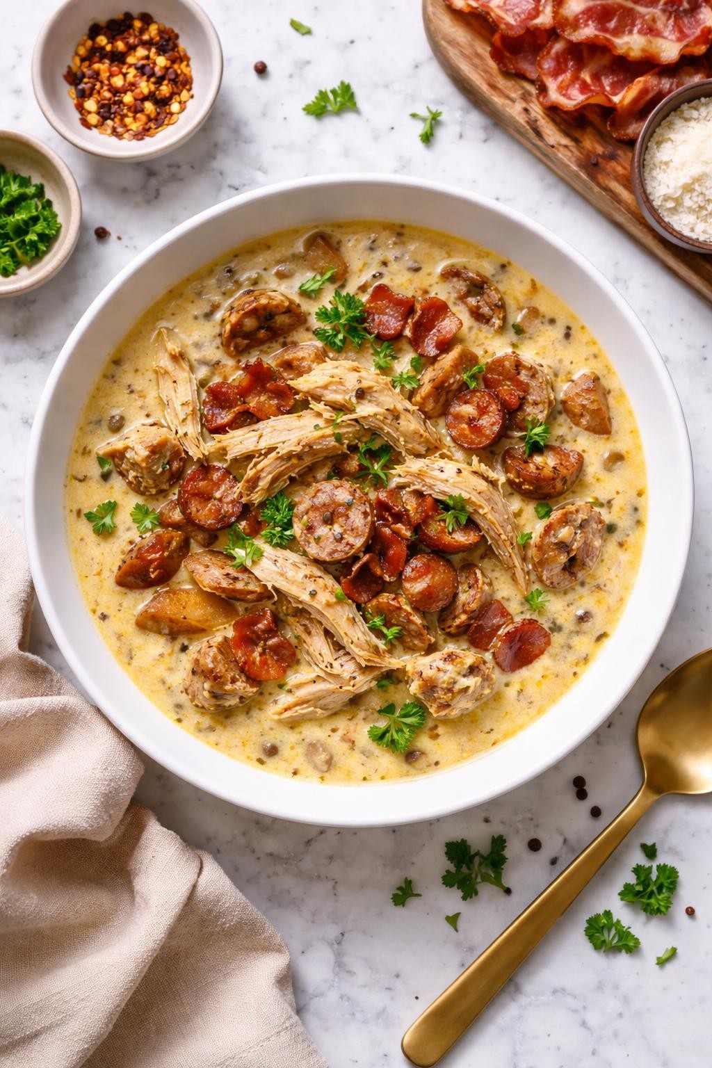 An overheard picture view of a plate of  Creamy Carnivore Chicken Soup  sitting on a marble countertop table in the kitchen, professional food photography style.
