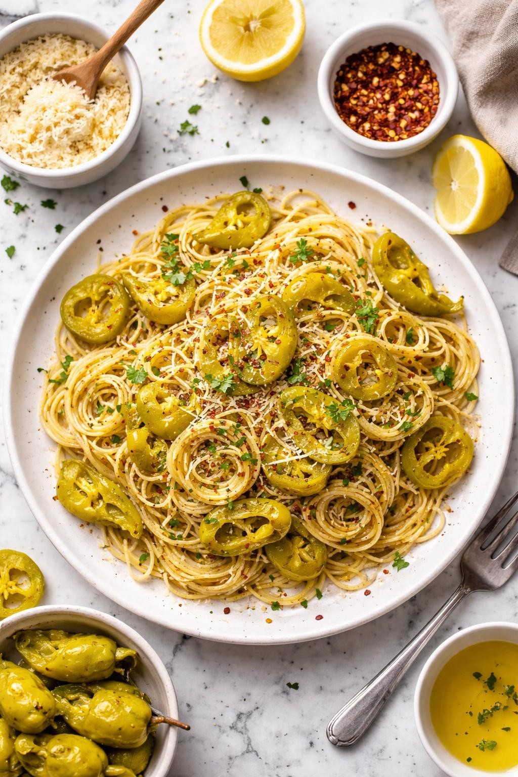 An overheard picture view of a plate of Spicy Pepperoncini Version sitting on a marble countertop table in the kitchen, professional food photography style.