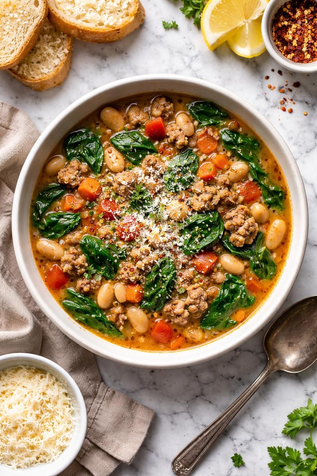 An overheard picture view of a plate of Italian Sausage and White Bean Soup with Spinach   sitting on a marble countertop table in the kitchen, professional food photography style.

