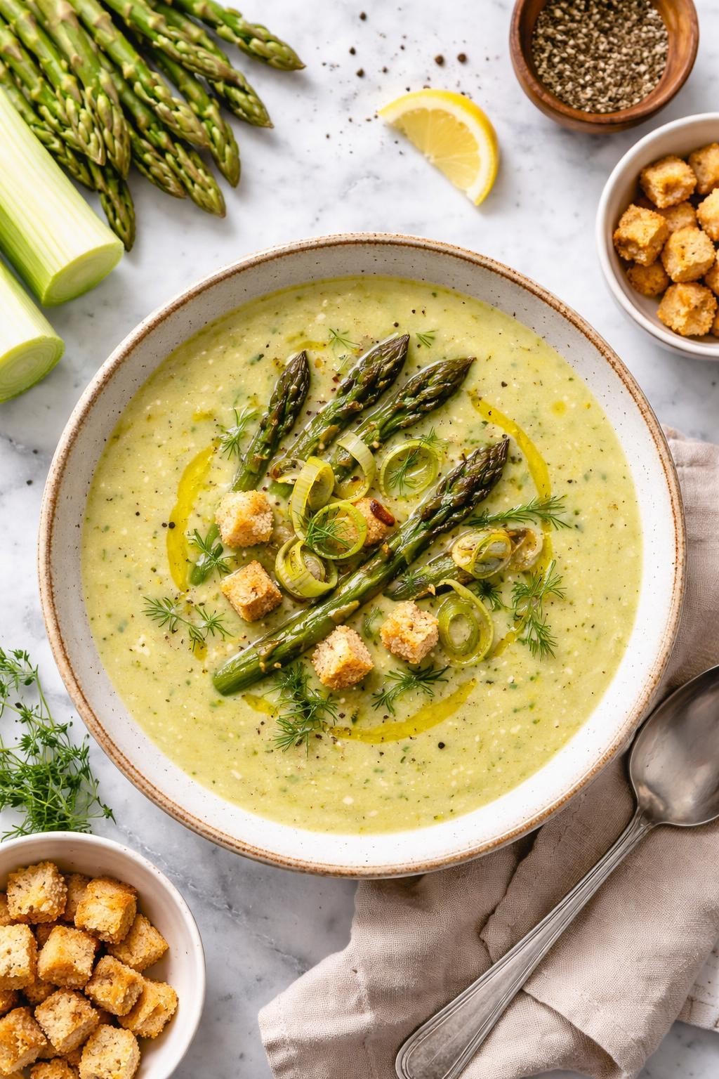 An overheard picture view of a plate of  Leek and Asparagus Soup  sitting on a marble countertop table in the kitchen, professional food photography style.
