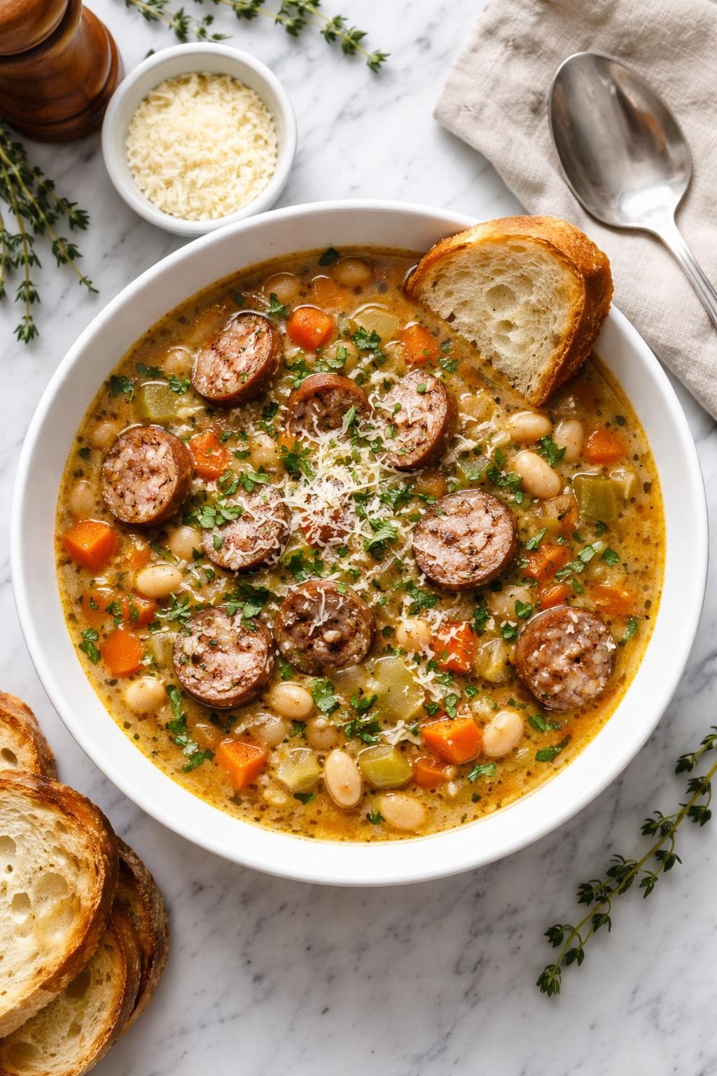 An overheard picture view of a plate of Slow Cooker Sausage and White Bean Soup sitting on a marble countertop table in the kitchen, professional food photography style.