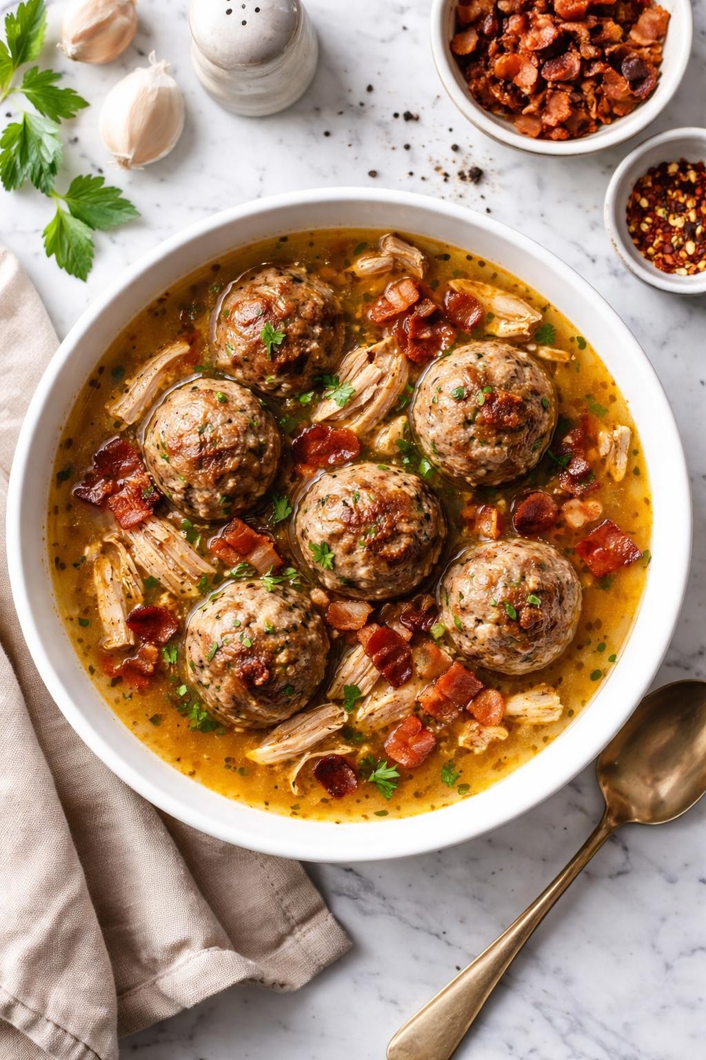 An overheard picture view of a plate of Carnivore Meatball Soup   sitting on a marble countertop table in the kitchen, professional food photography style.
