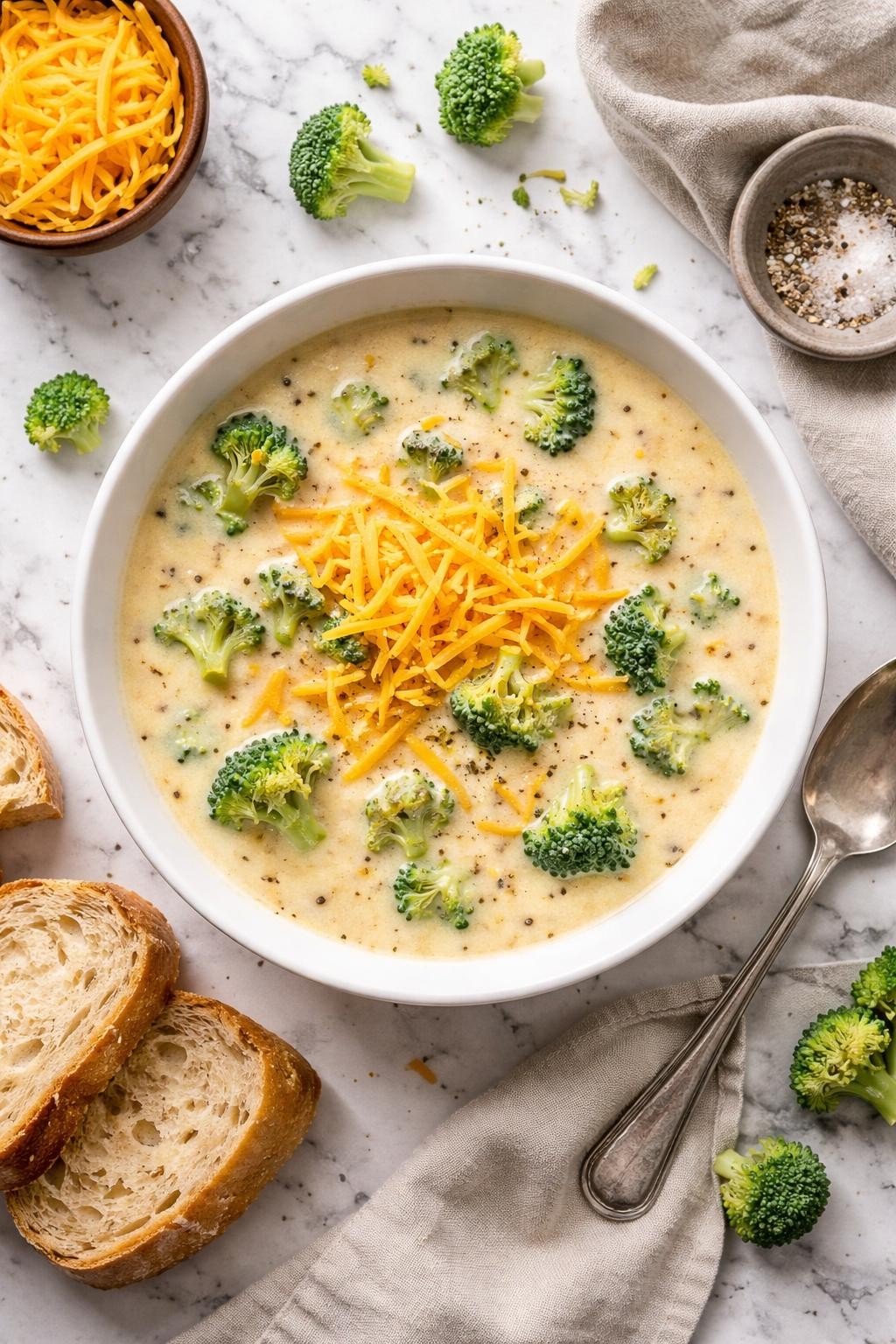An overheard picture view of a plate of 4-Ingredient Cheesy Broccoli Soup sitting on a marble countertop table in the kitchen, professional food photography style.
