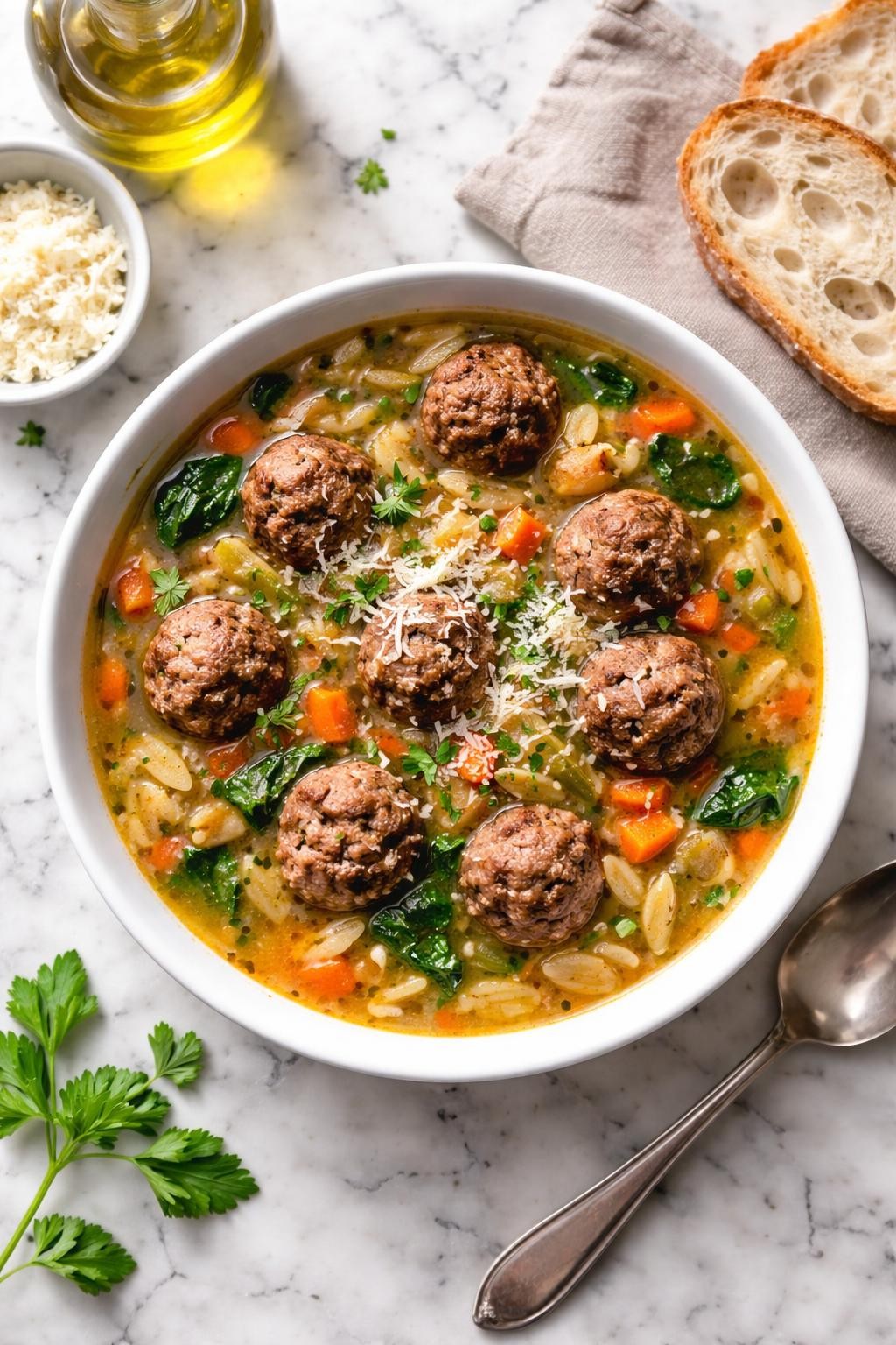 An overheard picture view of a plate of Beef Meatball and Orzo Soup sitting on a marble countertop table in the kitchen, professional food photography style.
