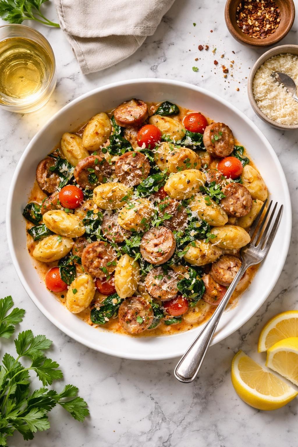 An overheard picture view of a plate of  One-Pan Sausage and Gnocchi  sitting on a marble countertop table in the kitchen, professional food photography style.
