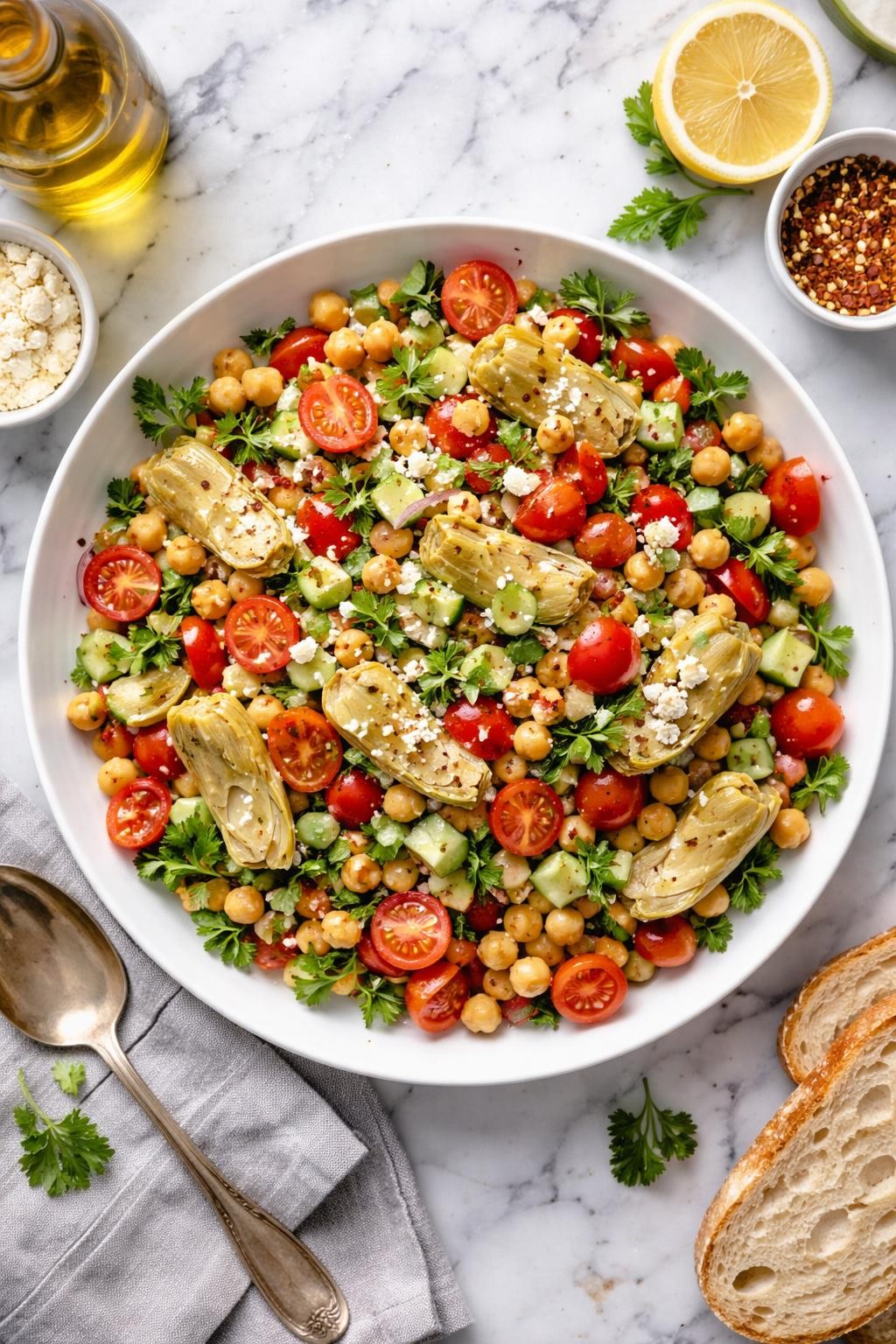 An overheard picture view of a plate of Vegetarian Chickpea and Artichoke Version sitting on a marble countertop table in the kitchen, professional food photography style.