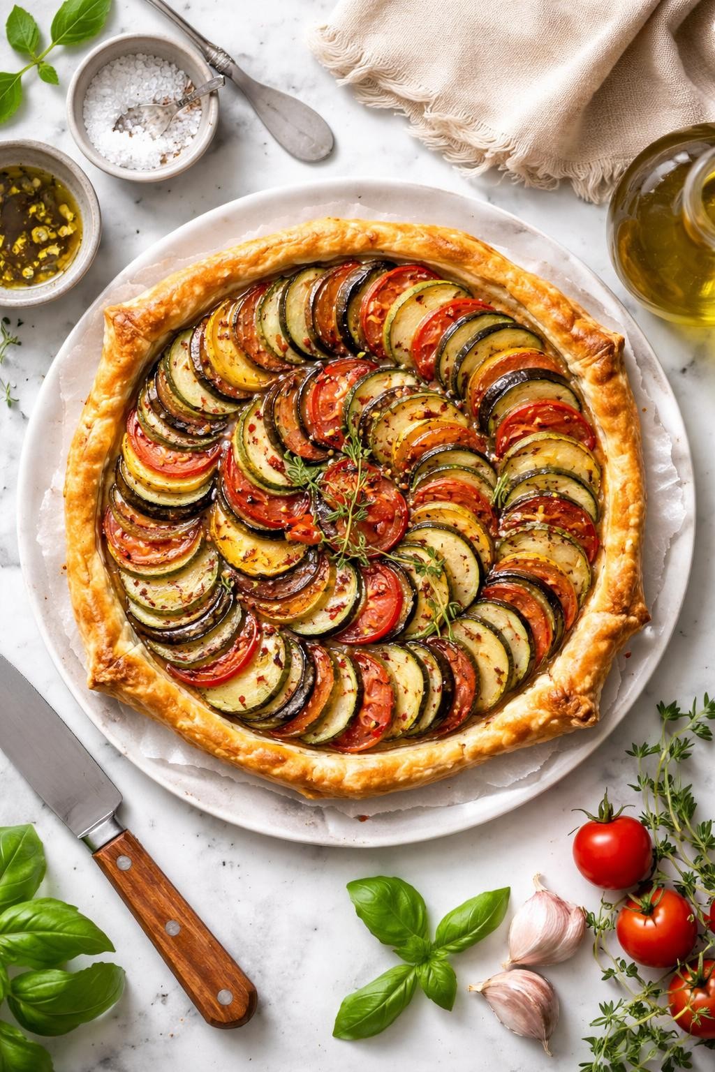 An overheard picture view of a plate of Vegan Ratatouille Tart sitting on a marble countertop table in the kitchen, professional food photography style.